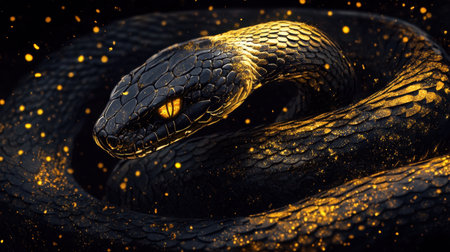A detailed snake illustration with shimmering golden scales, set against a deep black background, symbolizing transformation and wisdom for Chinese New Year.の素材