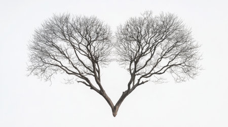 A beautifully symmetrical heart-shaped tree with intricate branches and leaves, isolated on a pristine white background for a minimalist look.の素材