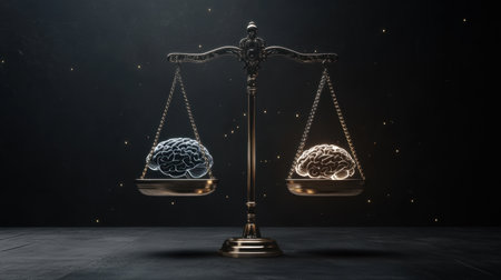 A conceptual image of a golden scale balancing human and AI brains, symbolizing technological ethics and progress, set against a sleek black and minimalist scene.の素材