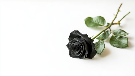 A minimalist image of a single black rose, artistically isolated on a bright white background, ideal for themes of beauty and mystery.の素材
