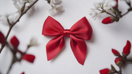 A radiant red satin ribbon in a delicate bow, symbolizing love and celebration, isolated on a minimal white backdrop.の素材