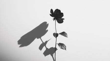 A solitary black rose with delicate shadows, creating a striking contrast on a pristine white background, evoking elegance and enigma.の素材