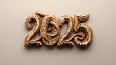 A stylized wooden "2025" design with a snake intricately wrapping around the digits, set against a neutral background.の素材