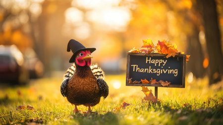 A Thanksgiving-themed turkey wearing a black pilgrim hat displays a festive "Happy Thanksgiving" sign on a grassy field, framed by a warm autumn setting.の素材