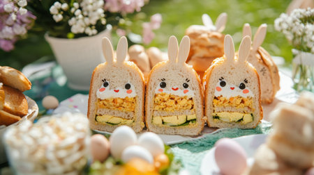 A backyard picnic with Easter-themed food, including sandwiches shaped like bunnies and egg salads.の素材
