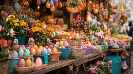 A cheerful Easter market stall displaying handmade crafts, painted eggs, and spring flowers.の素材