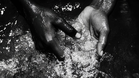 A pair of hands cupping clear water from a natural spring, symbolizing clean water access.の素材