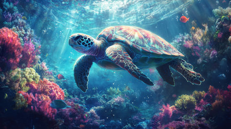 A sea turtle swimming through a coral reef, symbolizing marine conservation efforts.の素材