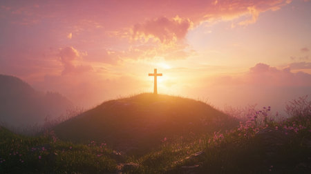 A sunrise service scene with a silhouetted cross on a hill, symbolizing the spirit of Easter morning.の素材