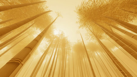 A sustainable bamboo forest with tall, straight shoots reaching toward the sky.の素材
