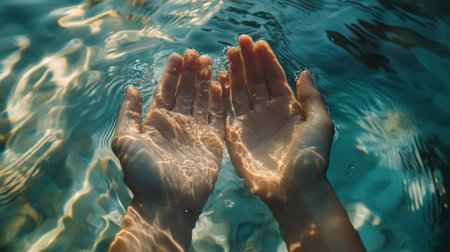 A pair of hands cupping clear water from a natural spring, symbolizing clean water access.の素材