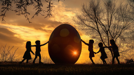 A silhouette of children holding hands and dancing around a large Easter egg sculpture in a park.の素材