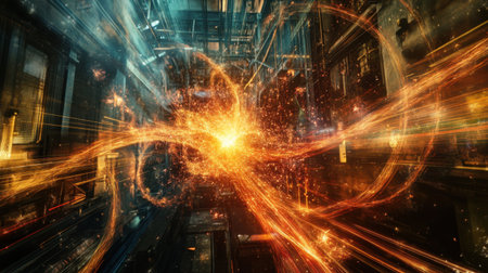 A vibrant industrial scene with an angle grinder creating a mesmerizing arc of sparks, symbolizing the energy of metalwork.の素材