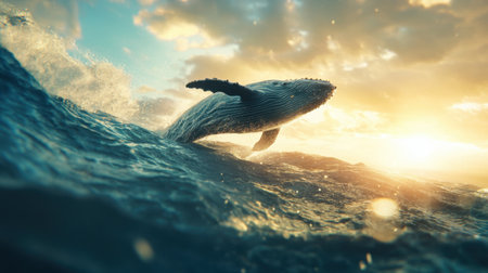 A whale breaching the surface of the ocean with water spray in the sunlight, symbolizing marine life preservation.の素材