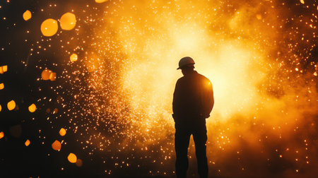 A welder's silhouette against a backdrop of flying sparks, showcasing the artistry and intensity of modern craftsmanship.の素材