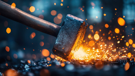 Close-up of a hammer hitting a glowing piece of metal, with sparks flying in all directions in a dim workshop.の素材