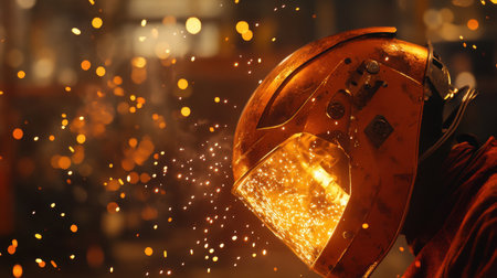 A vibrant scene of a welder's helmet illuminated by a cascade of sparks, with warm tones and industrial details in the background.の素材