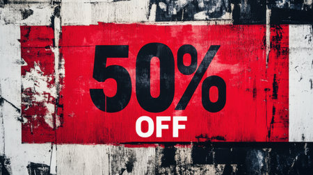 A bold SALE banner with "50 OFF" in striking black text on a vibrant red stripe, set against a clean textured black-and-white background for impact.の素材
