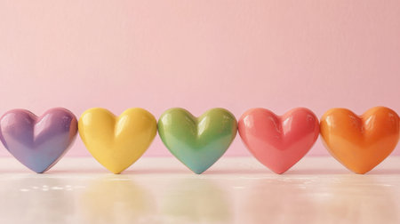 A charming arrangement of rainbow hearts on pedestals, symbolizing love and joy, set against a minimalistic backgroundの素材