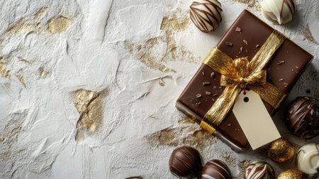 A chocolate gift box with golden wrapping and a tag, placed on a textured white background with room for text.の素材
