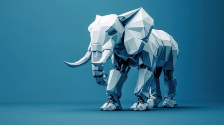A futuristic low-poly elephant robot with angular features, set against a solid blue background, evoking strength and technology.の素材
