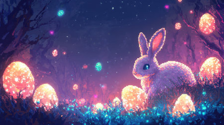 A pixelated bunny surrounded by glowing neon Easter eggs in a magical pixel-art landscape.の素材