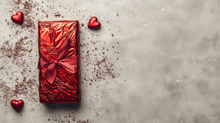 A luxurious chocolate bar wrapped in red foil on a neutral background with Valentine decor and copy space.の素材
