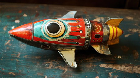 A vintage tin toy rocket ship with colorful details and worn edges, evoking a sense of adventure and nostalgia for past space exploration.の素材