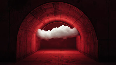 Dark red minimalism with white clouds flying out of a tunnel, creating a striking contrast and evoking mystery and depth.の素材