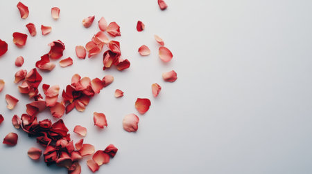 A minimal white background with a trail of rose petals forming a heart shape.の素材
