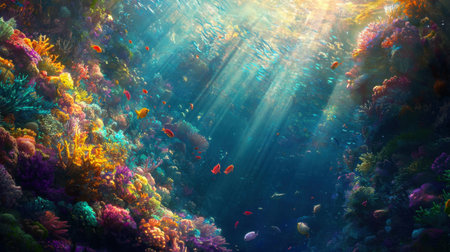 A vibrant coral reef teeming with colorful fish and marine life, bathed in sunlight filtering through the water.の素材