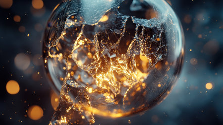 A close-up of a glass bulb fragmenting into pieces, releasing glowing particles in a dynamic, transformative display.の素材