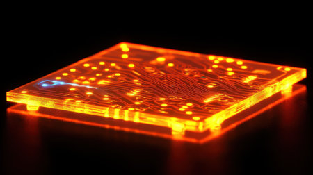 A glowing microchip with intricate nanoscale patterns, emphasizing miniaturization and tech innovation.の素材