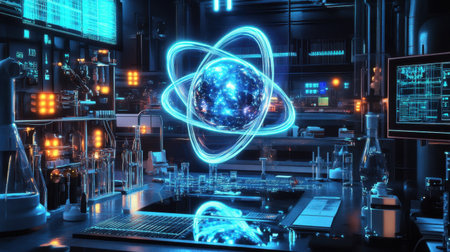 A highly magnified atom surrounded by scientific instruments and glowing screens in a cutting-edge lab.の素材