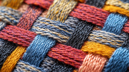 Close-up of a textile weave, showing detailed interlocking fibers and patterns in vibrant colors.の素材