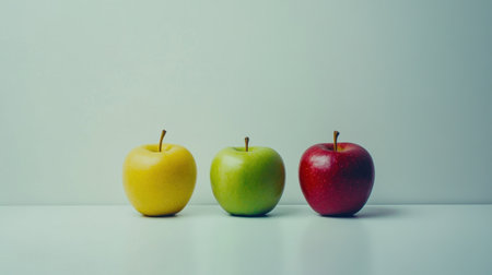 A minimalist display of three apples--red, yellow, and green--positioned symmetrically on a clean white background.の素材