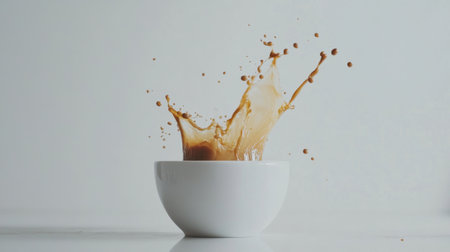 A dramatic scene of coffee splashing out of a smooth white cup, captured mid-motion, set against a clean white background.の素材