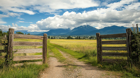 A rustic wooden gate opening to reveal a wide-open field with a stunning mountain view in the background.の素材
