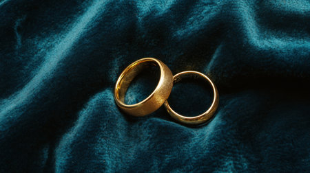 Two gold rings placed side by side on a plush velvet background, perfect for celebrating the bond of marriage.の素材