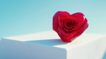 A stunning heart-shaped red rose rests on a white pedestal, against a serene blue backdrop, symbolizing love and romance in a fresh and artistic manner.の素材