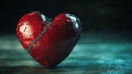 A striking red heart with visible stitches and cracks symbolizes emotional pain and healing. This captivating artwork illustrates vulnerability and artistic expression.の素材