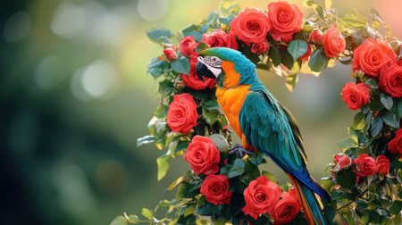 A bright and colorful parrot poses elegantly among stunning roses, creating a romantic heart shape that symbolizes love and beauty, perfect for nature and wildlife themes.の素材