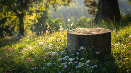 A peaceful scene featuring a rustic wooden stump surrounded by vibrant wildflowers in a lush green meadow, illuminated by soft sunlight, ideal for nature lovers.の素材