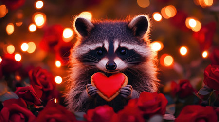 A charming raccoon holds a red heart-shaped cookie amid blooming roses and glowing fairy lights, creating a whimsical atmosphere filled with love and joy.の素材