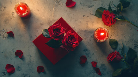 A beautiful composition featuring red roses, soft candlelight, and scattered petals, creating a romantic atmosphere perfect for love celebrations and special occasions.の素材