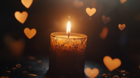 A beautiful candle emits a soft, warm glow surrounded by floating heart shapes, creating a romantic and peaceful ambiance ideal for intimate settings or celebrations.の素材