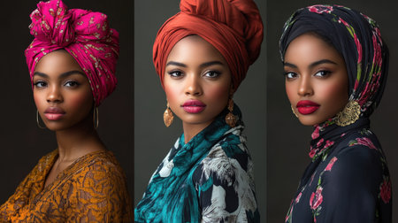 This captivating image showcases a woman adorned in vibrant headscarves, emphasizing her stunning features and cultural beauty through striking makeup and elegant poses.の素材
