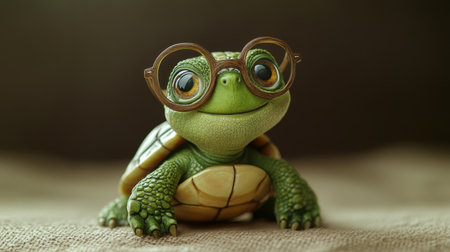A cheerful little green turtle wearing glasses, posed on a neutral studio background with a playful expression.の素材