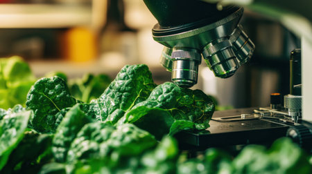 A close-up of a microscope examining a leafy green, emphasizing the intersection of food and science.の素材