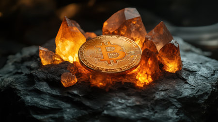 A close-up of a Bitcoin coin on dark rock with vivid orange crystals glowing around it, creating a mystical aura.の素材